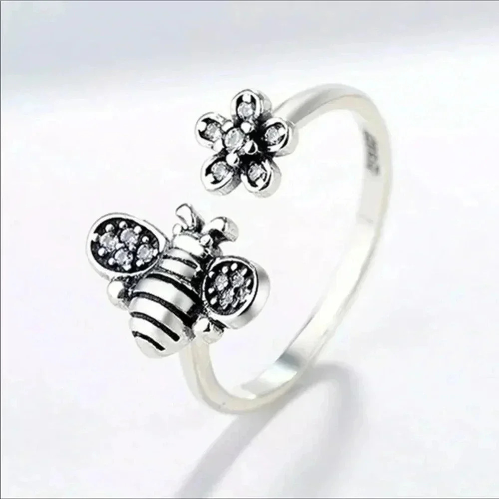 Sweet Bumblebee Bee & Flower Crystal 925 Sterling Silver Adjustable Ring